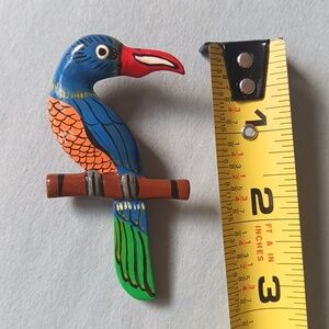 Hand Painted Wood Toucan Brooch Features Colorful Bird On Perch